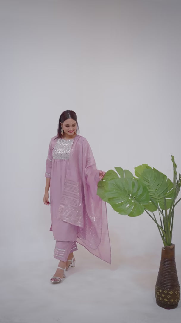 Vertical Silk Suit Set with Banarasi Dupatta & Sequins Work For Fetive Wear