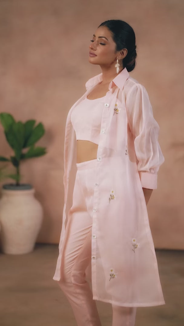 Ethnic Designer Co-ord Set | Light Peach Organza with Hand Work