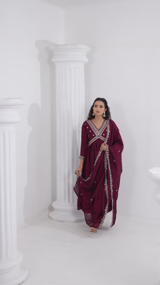 Elegant Maroon Embroidered Salwar Kameez for Party Wear