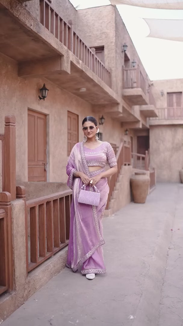 Lavender Satin Silk Saree | Hand Embroidery Elegant Wedding Wear