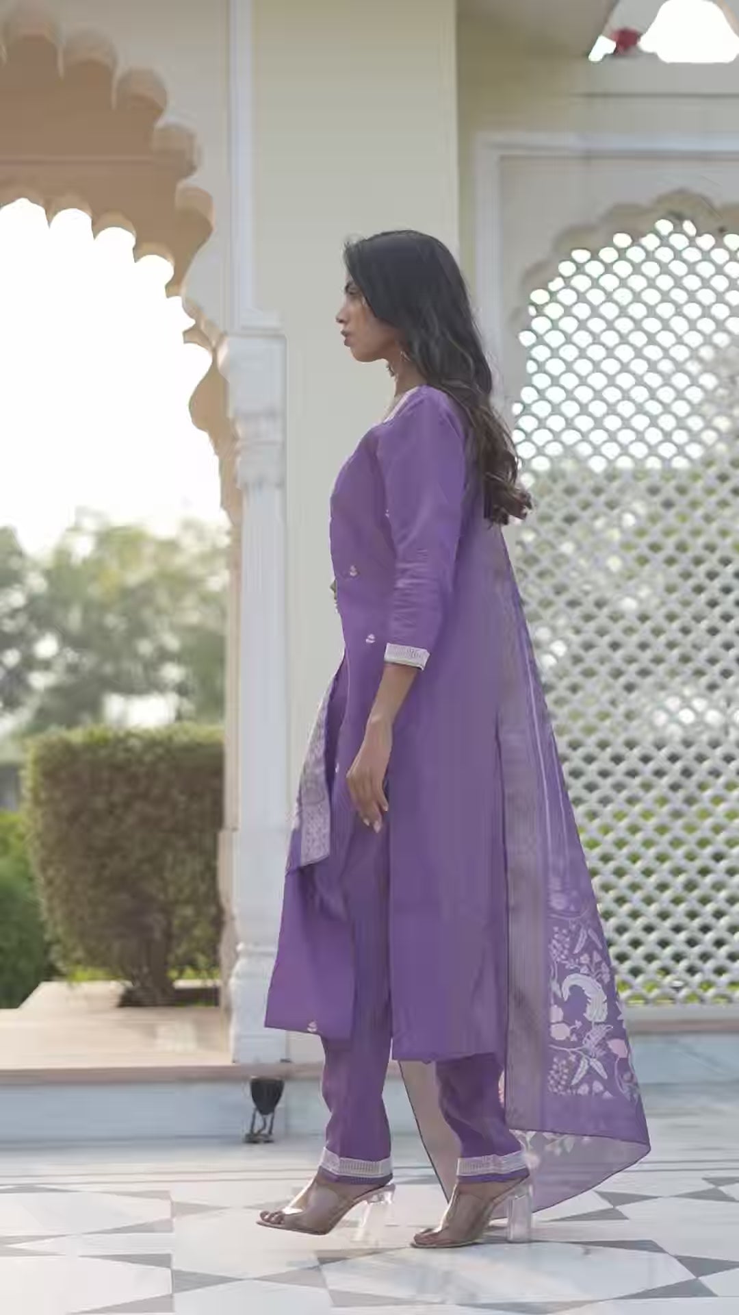 Luxurious Purple Silk Suit | Shimmer Fabric with Elegant Floral Work