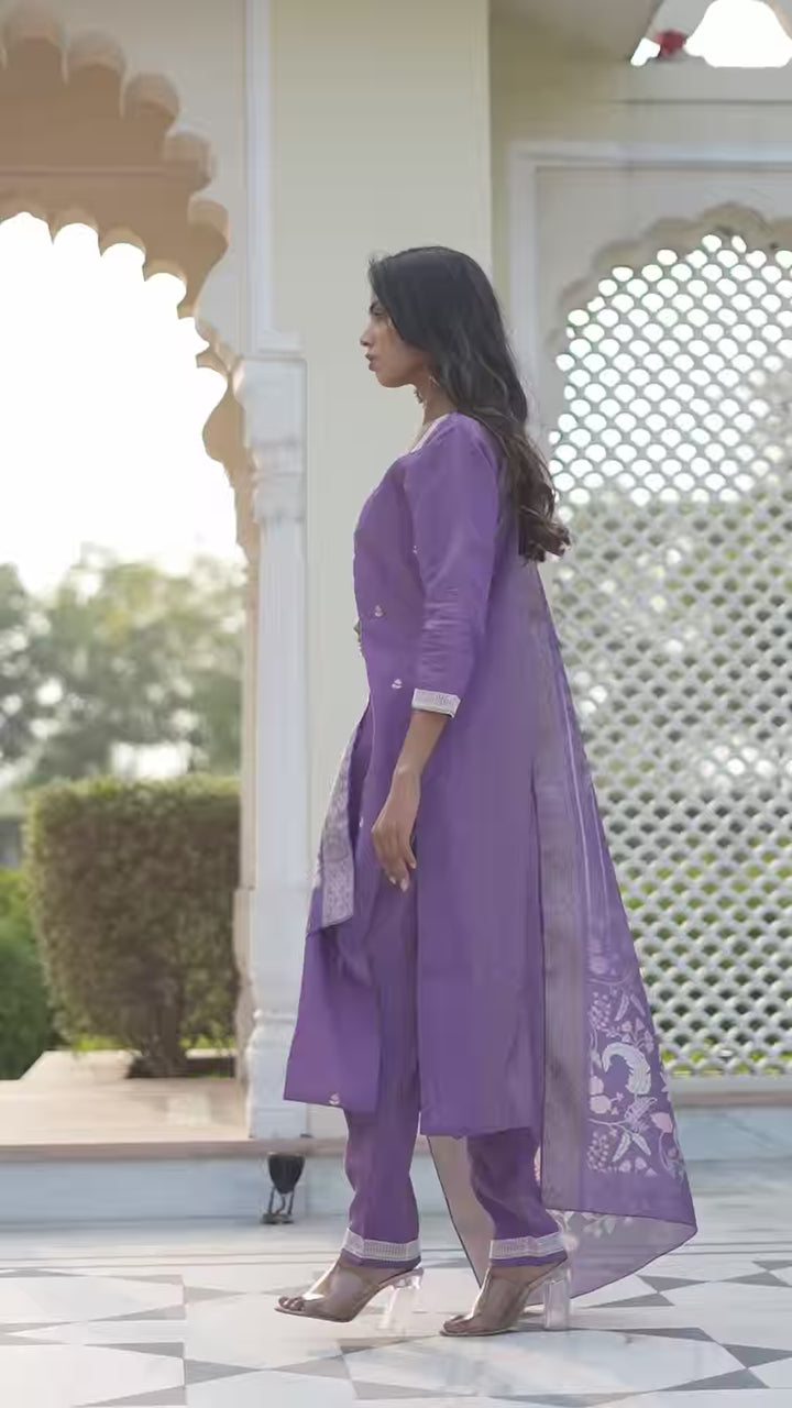 Luxurious Purple Silk Suit | Shimmer Fabric with Elegant Floral Work