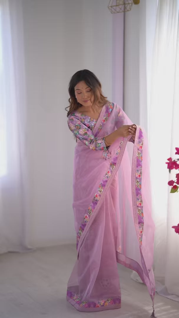 Light Purple Twill Net Designer Saree with Swarovski Work