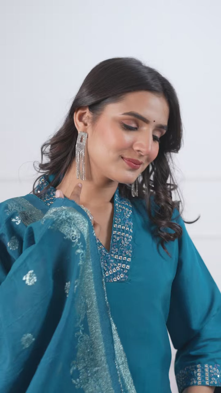 Gorgeous Teal Blue Suit | Viscose chanderi top bottom with Jacquard dupatta
