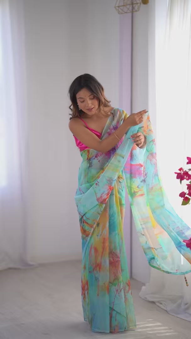 Stylish Multicolor Designer Saree in Organza for Party Wear