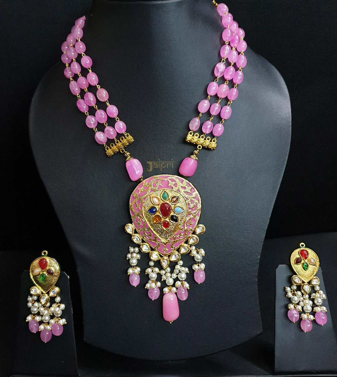 Pink Beads Stone Meenakari | Tear-Drop Pendant With Earrings Trendy