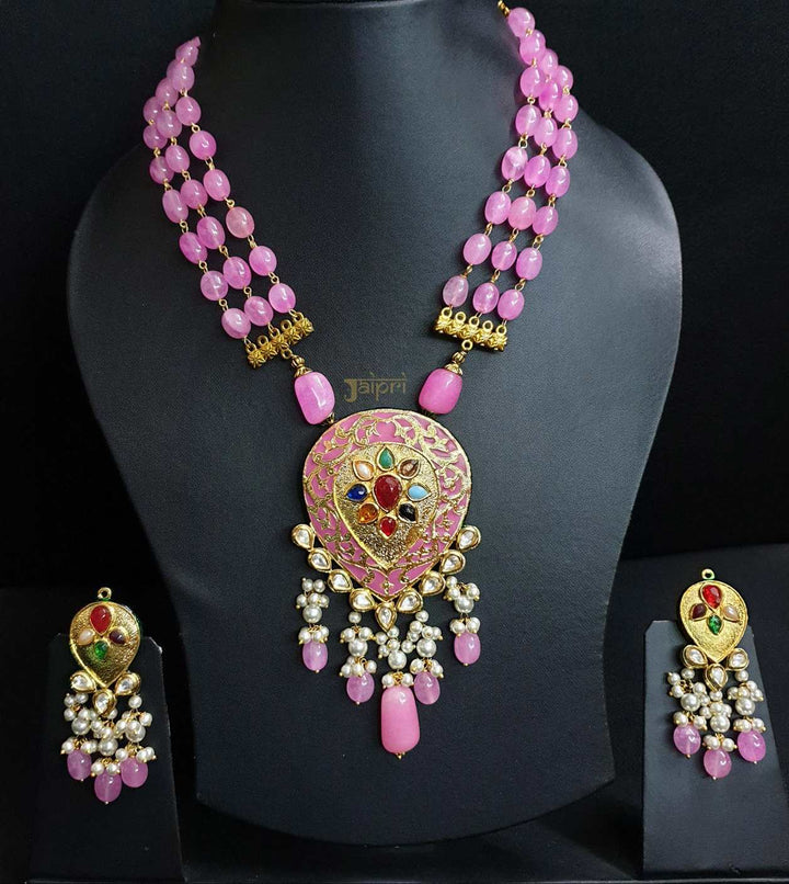 Pink Beads Stone Meenakari | Tear-Drop Pendant With Earrings Trendy