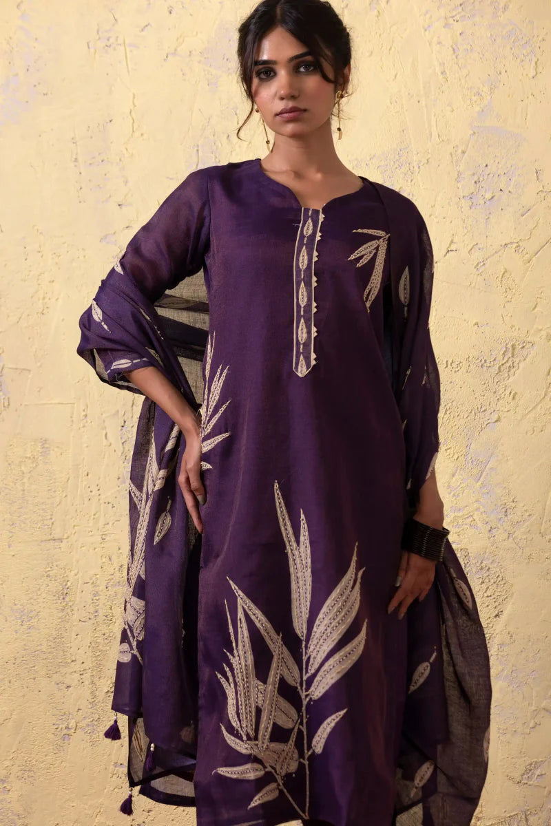 Purple Kurta Suit Set with Leaf Motif Detailing - Payal