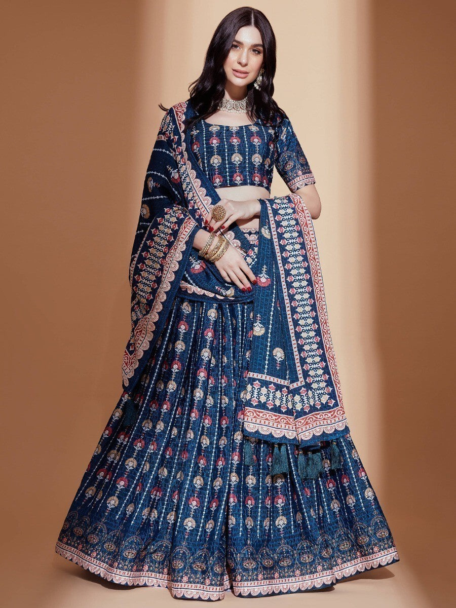 Alluring Blue Digital Print | Chinon Engagement Wear Lehenga Choli Fashionable