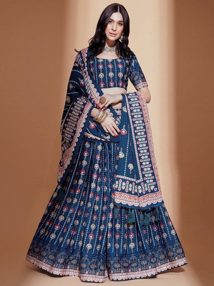 Alluring Blue Digital Print | Chinon Engagement Wear Lehenga Choli Fashionable