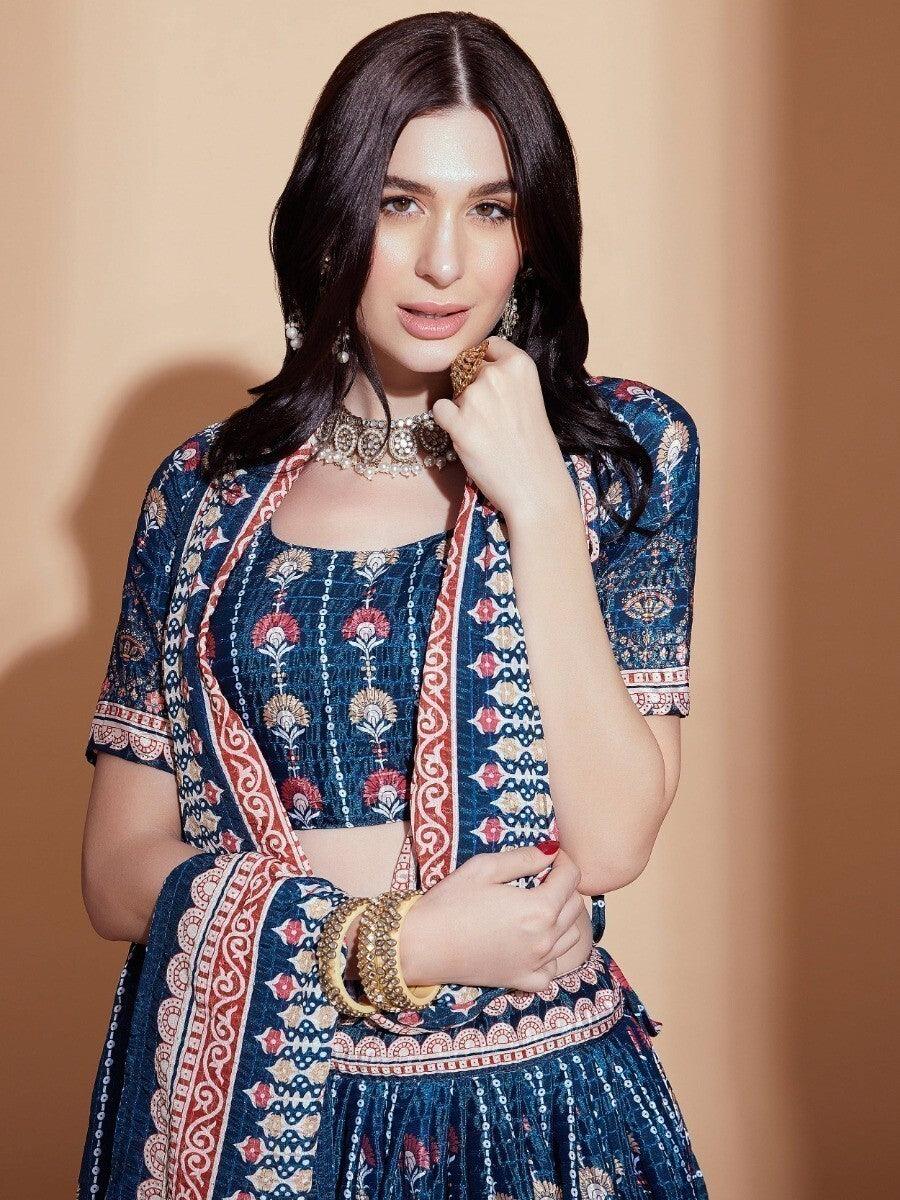 Alluring Blue Digital Print | Chinon Engagement Wear Lehenga Choli Fashionable