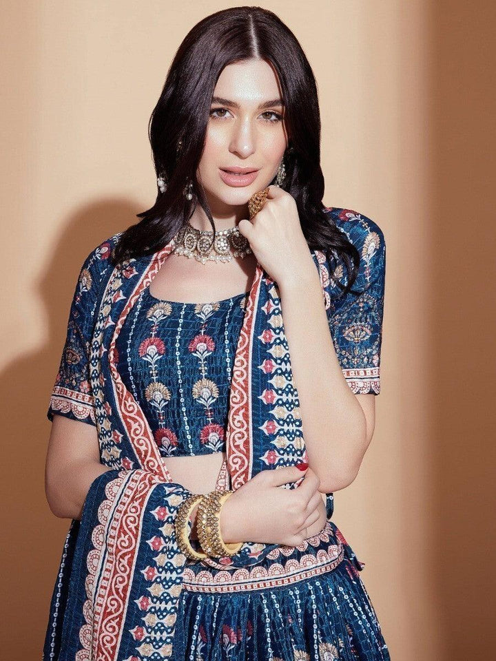 Alluring Blue Digital Print | Chinon Engagement Wear Lehenga Choli Fashionable
