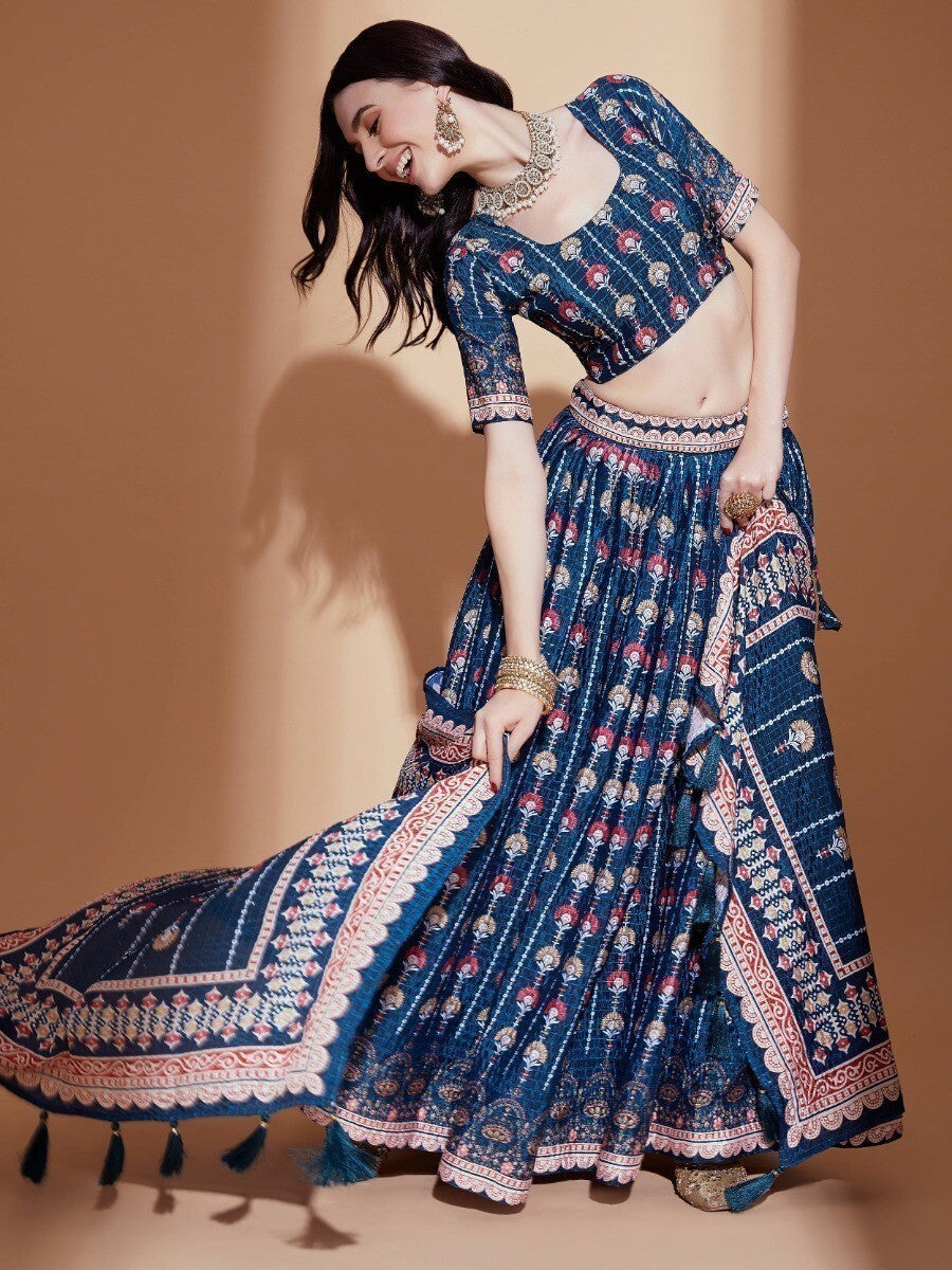 Alluring Blue Digital Print | Chinon Engagement Wear Lehenga Choli Fashionable