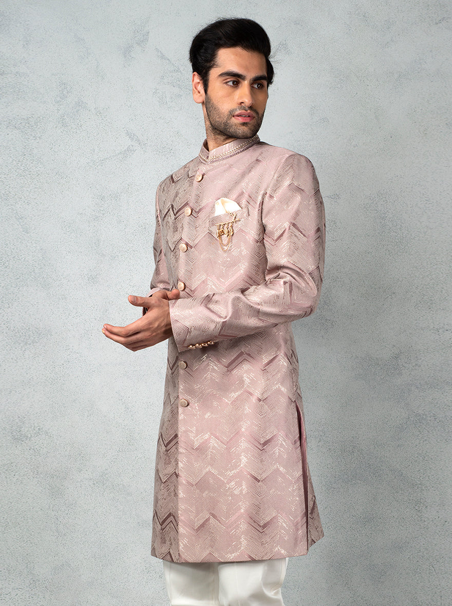 Discover the charm of this Onion Pink Indo Western achkan, ideal for celebrations and formal occasions.