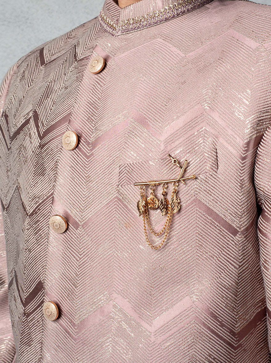 Onion pink Indo Western outfit for men, featuring jacquard fabric, embroidered buttons, and stylish loafers.