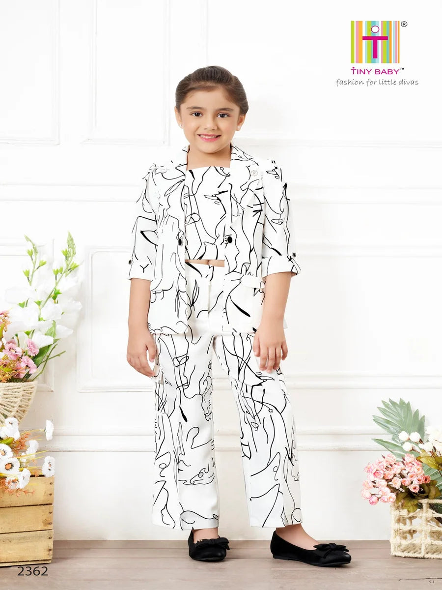 White Pant Set with Jacket for Girls | Stylish Pant & Top Kids Set