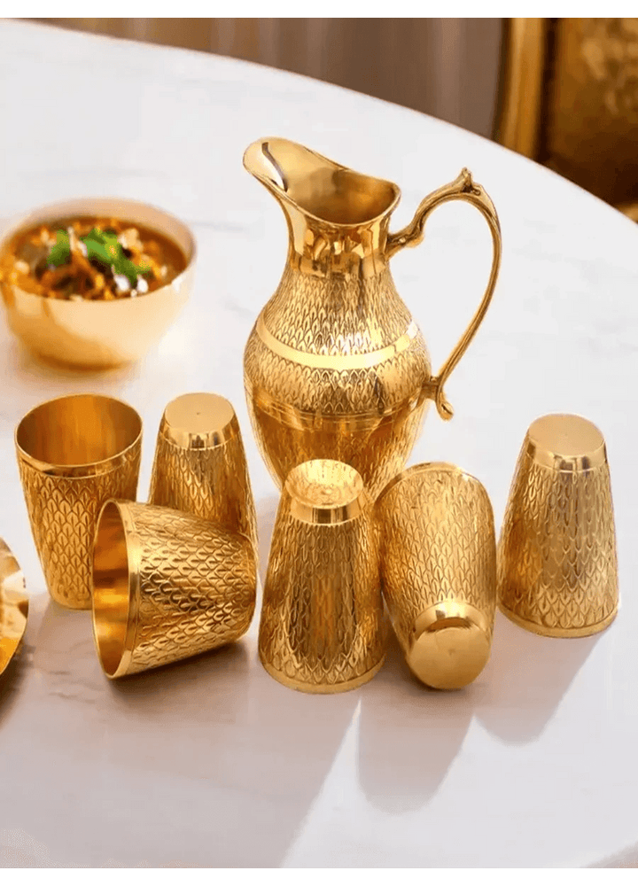 Traditional Brass Water Jar & 6 Glass Set | Nakashi brass kitchenware set