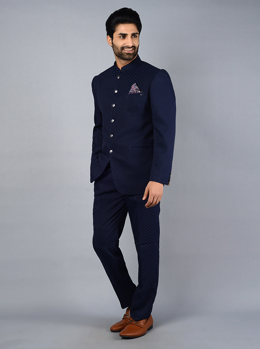 Classic blue jodhpuri suit with straight cut and three pockets for formal events.