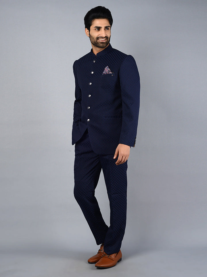 Classic blue jodhpuri suit with straight cut and three pockets for formal events.