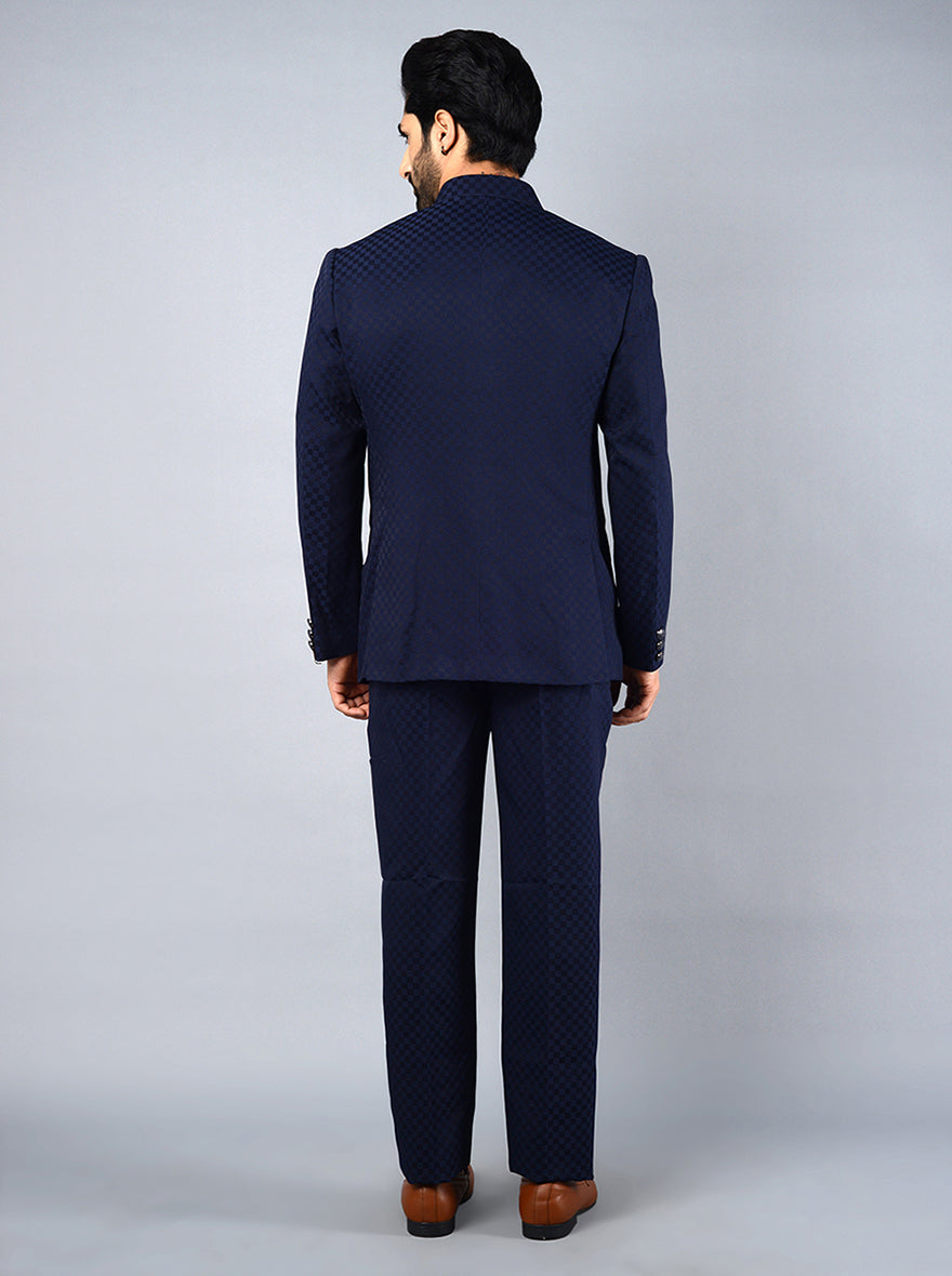 Premium blue jodhpuri suit made from terry rayon fabric for wedding receptions.