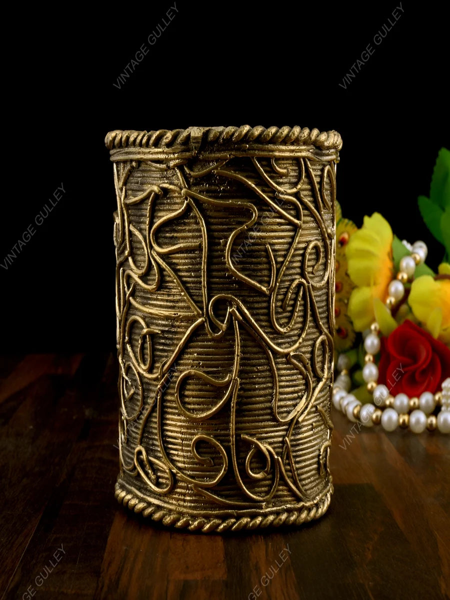Brass Dhokra Art Pen Stand | Handcrafted Desk Organizer for Accessories