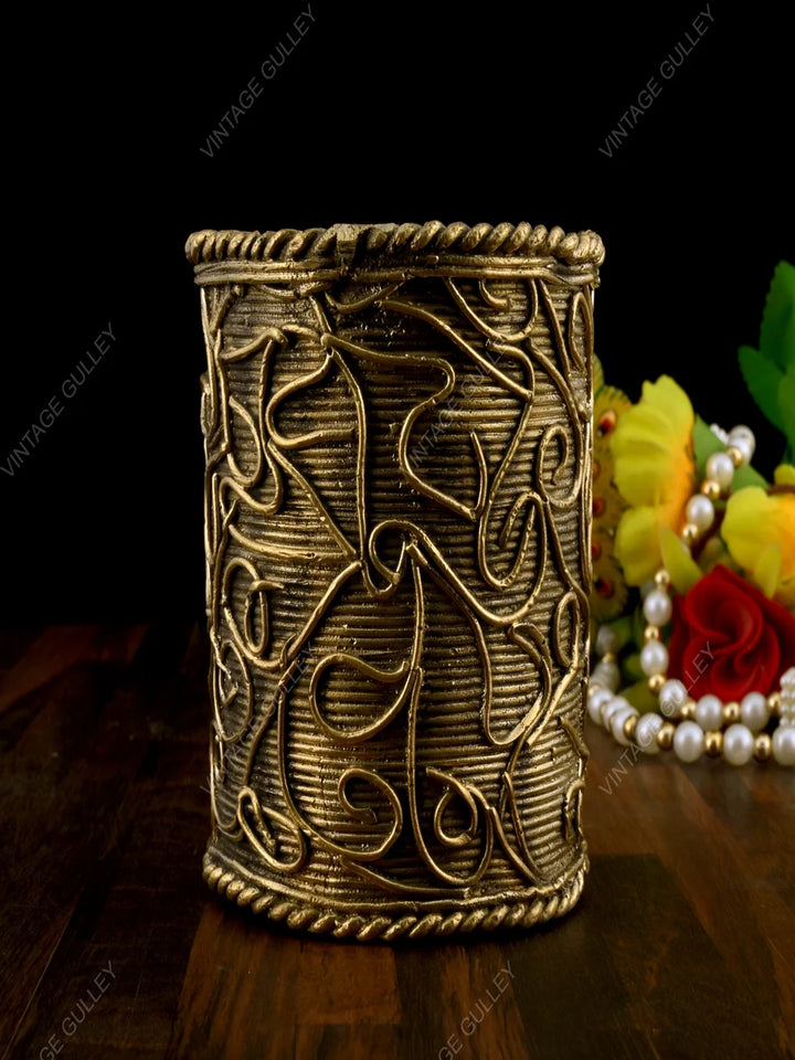 Brass Dhokra Art Pen Stand | Handcrafted Desk Organizer for Accessories