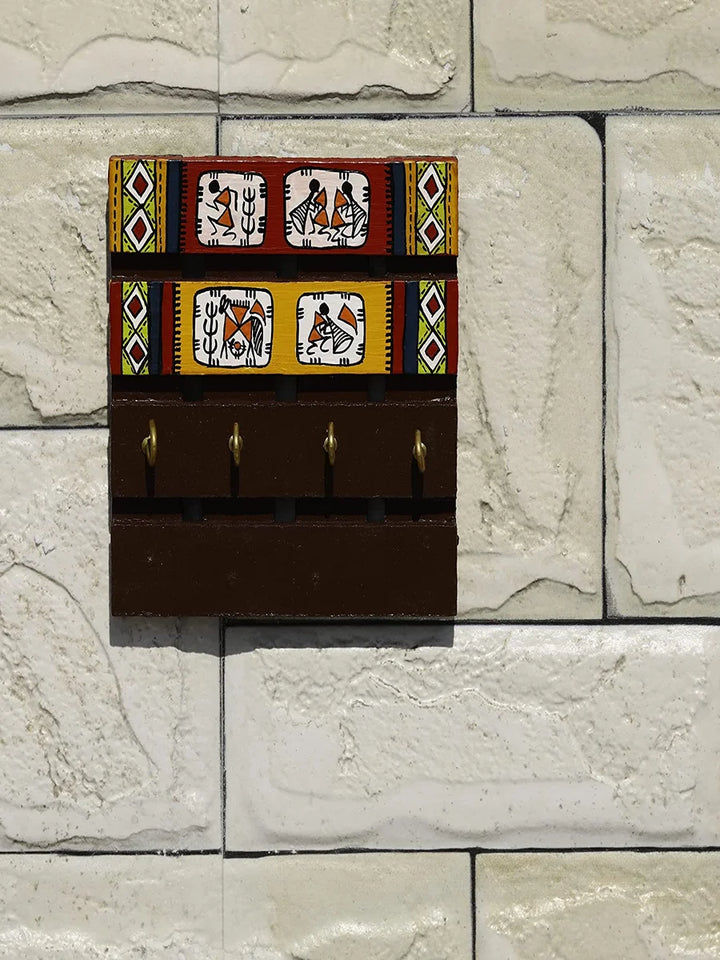 Recycled Wood Wall Decor | Hand-Painted Key Holder with Brass Accents