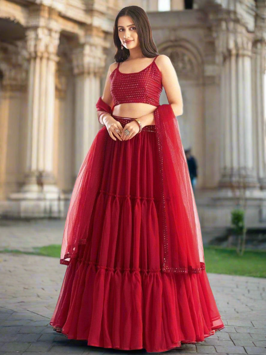 Captivating Red Georgette Lehenga Choli | Sequin & Embroidery Work