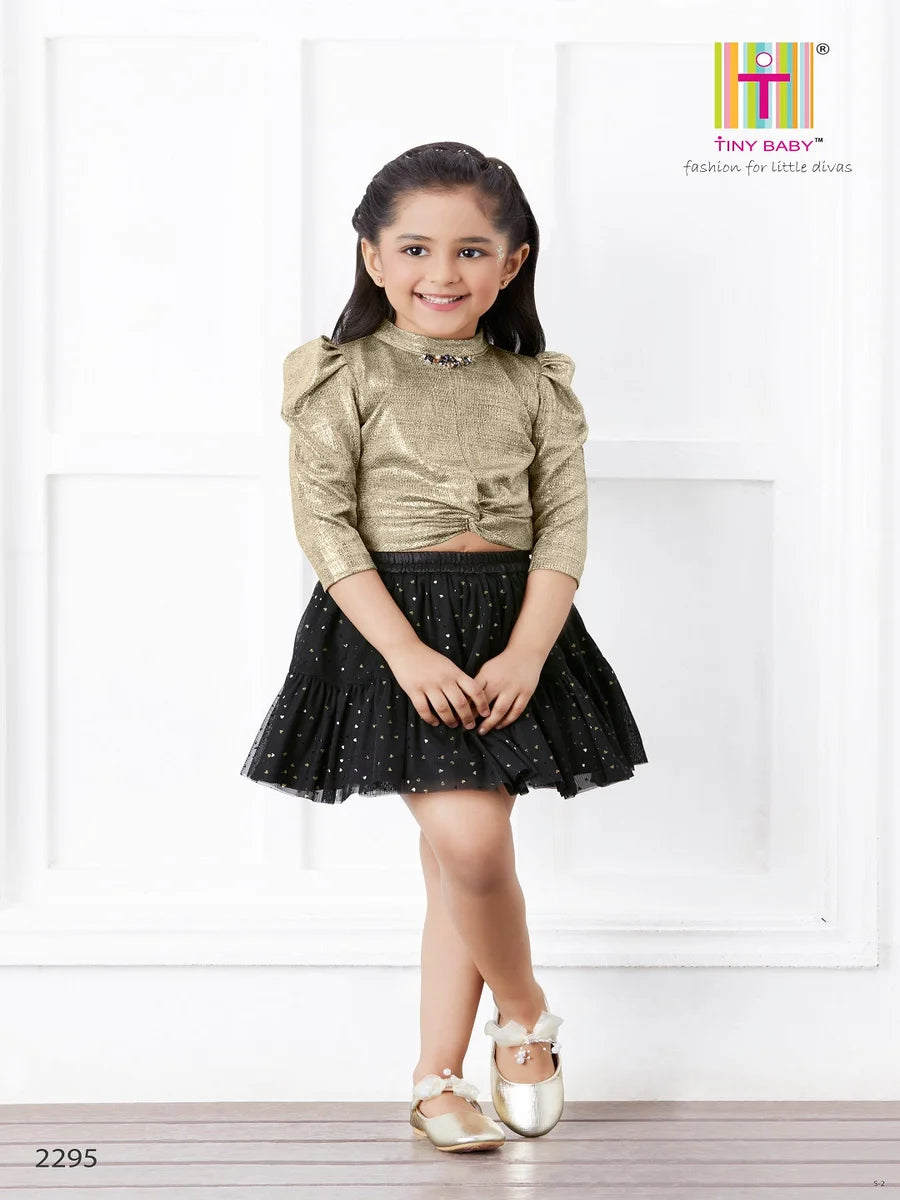 Ethnic Skirt Set for Girls | Gold Net Knitted Skirt and Printed Top