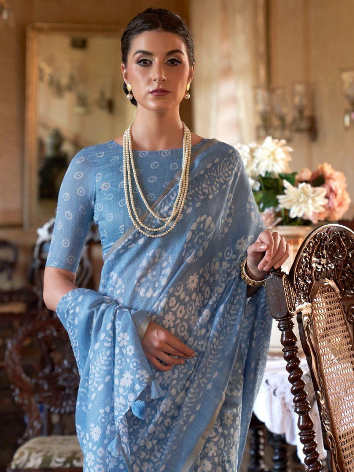 Delightful Sky Blue Floral | Printed Cotton Festival Wear Saree Trendy