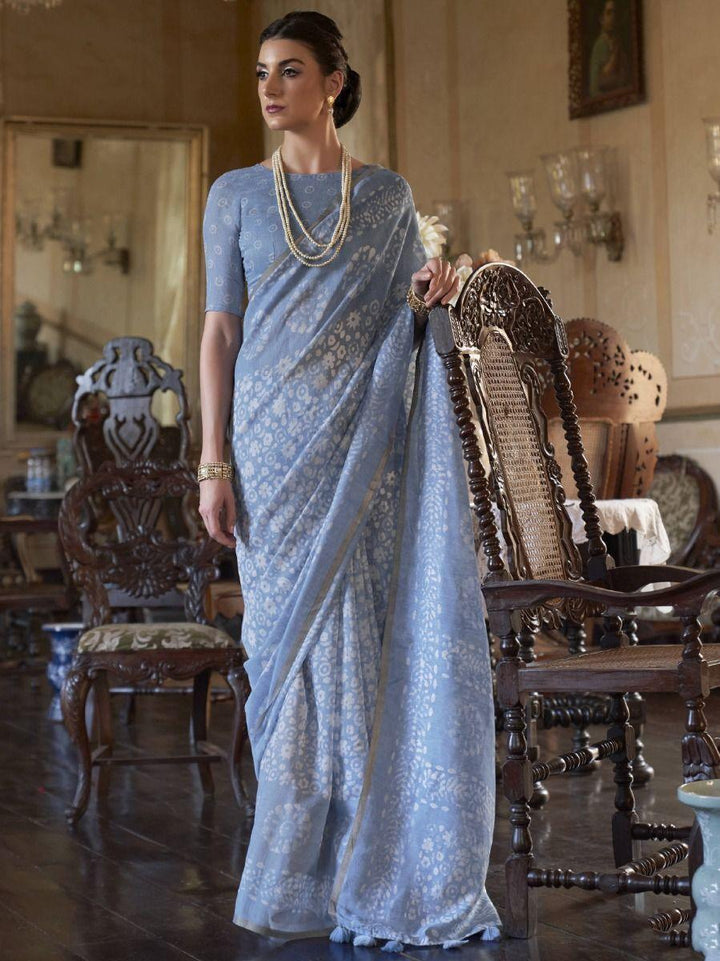 Delightful Sky Blue Floral | Printed Cotton Festival Wear Saree Trendy