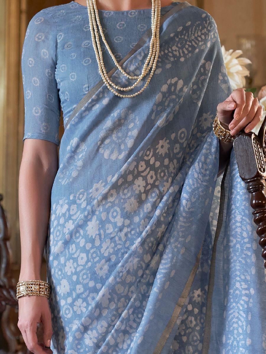 Delightful Sky Blue Floral | Printed Cotton Festival Wear Saree Trendy