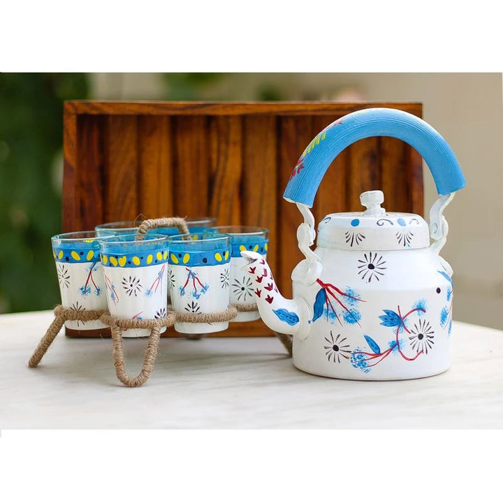 Jaipuri Handcrafted Kettle Set | Floral Patterns 6 Glass & Tray