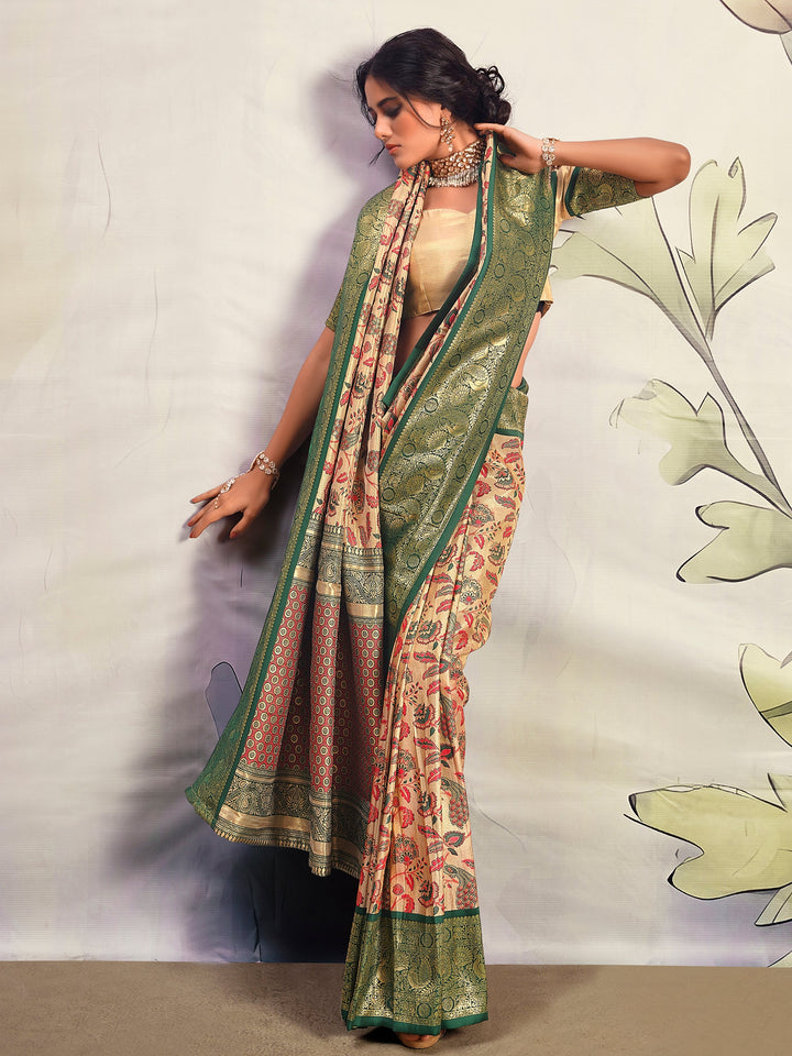 Outstanding Beige Printed Silk Festival W | Perfect Traditional Outfit