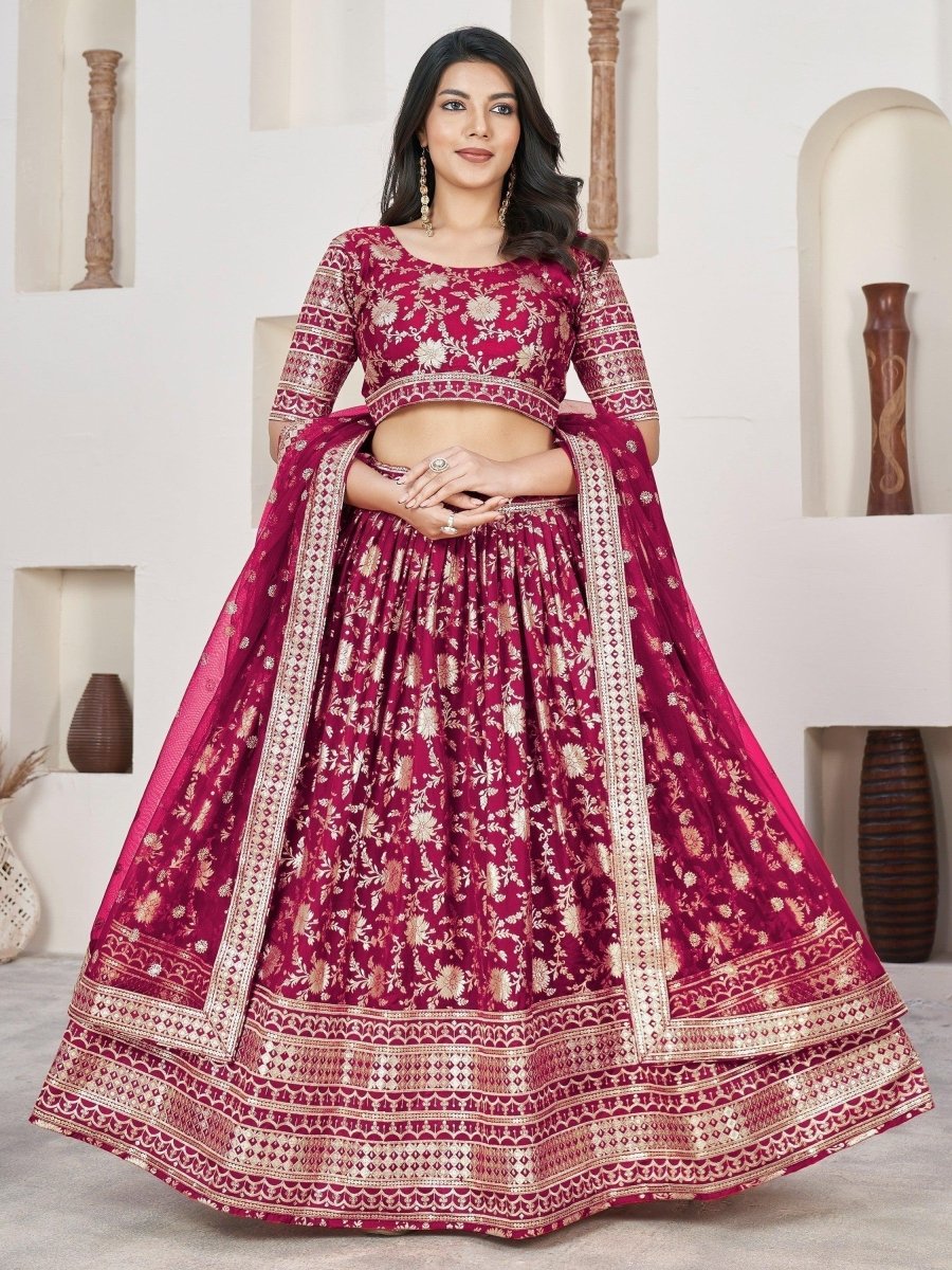 Rani Pink Zari Work Lehenga | Tailored Fit for Weddings & Sangeet - PYC - ALS1 - 1017 - Semi Stitched - YPOD