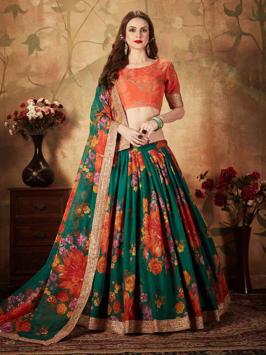Green Floral Lehenga Choli | Orange Blouse with Lace Border & Embroidery