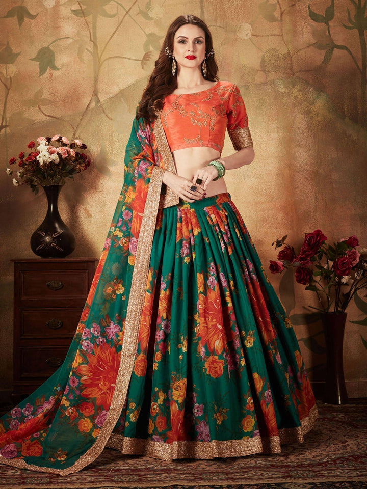 Green Floral Lehenga Choli | Orange Blouse with Lace Border & Embroidery
