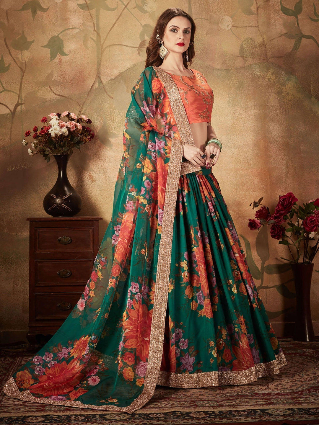 Green Floral Lehenga Choli | Orange Blouse with Lace Border & Embroidery