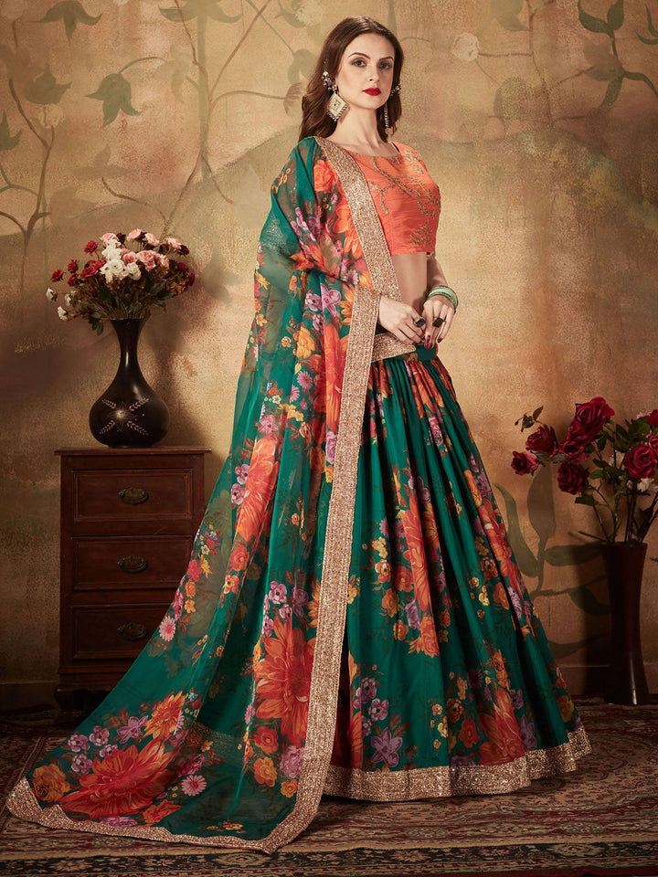 Green Floral Lehenga Choli | Orange Blouse with Lace Border & Embroidery
