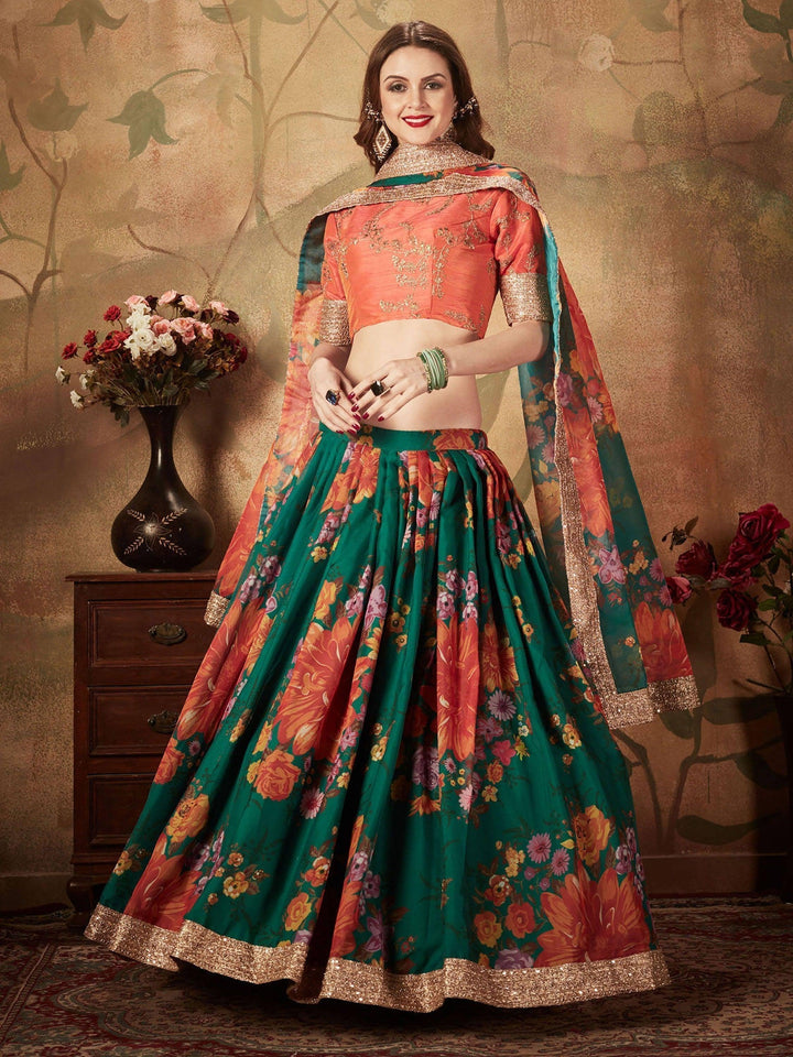 Green Floral Lehenga Choli | Orange Blouse with Lace Border & Embroidery