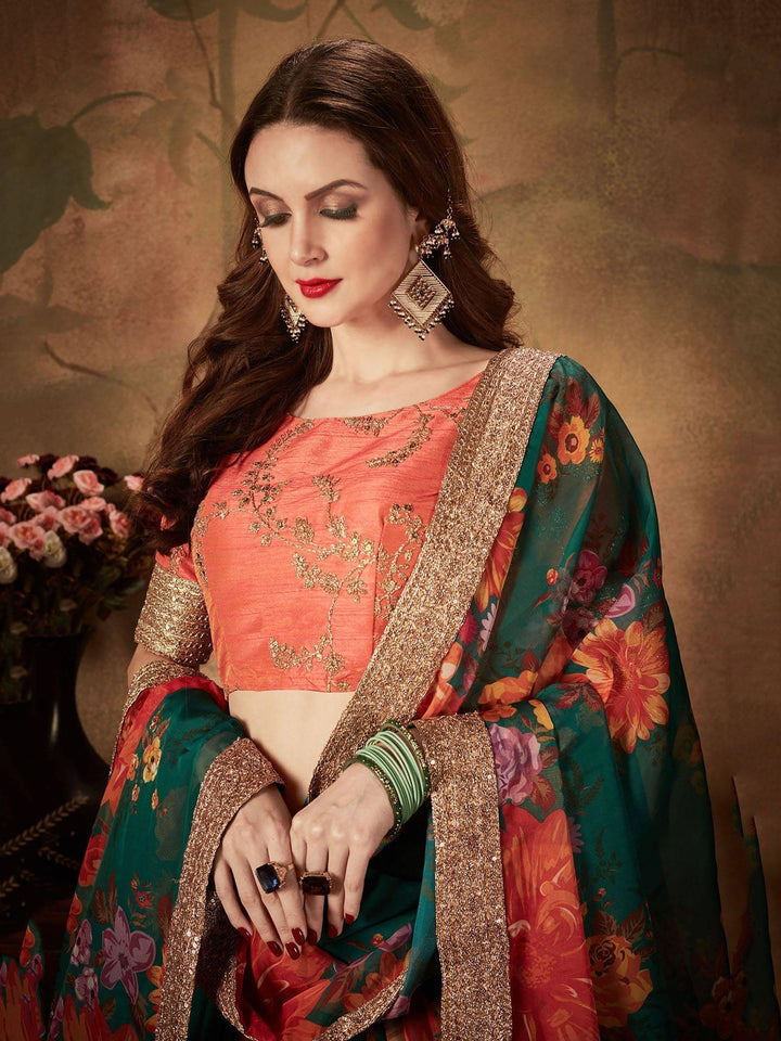 Green Floral Lehenga Choli | Orange Blouse with Lace Border & Embroidery