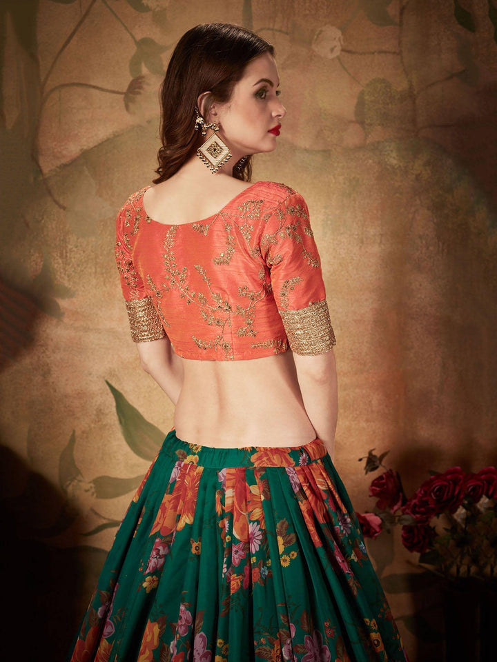Green Floral Lehenga Choli | Orange Blouse with Lace Border & Embroidery