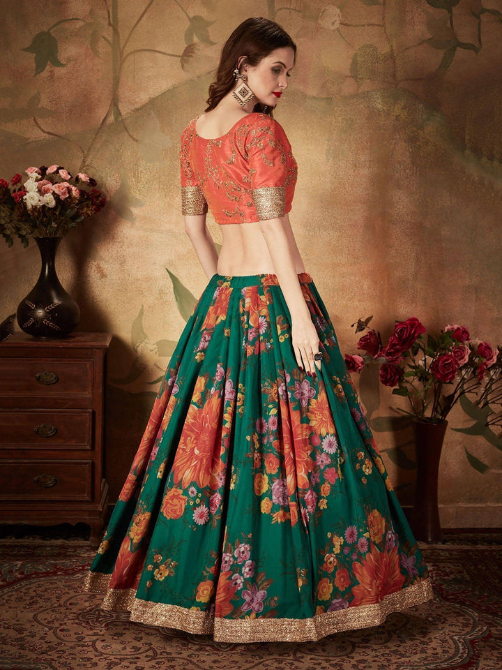 Green Floral Lehenga Choli | Orange Blouse with Lace Border & Embroidery