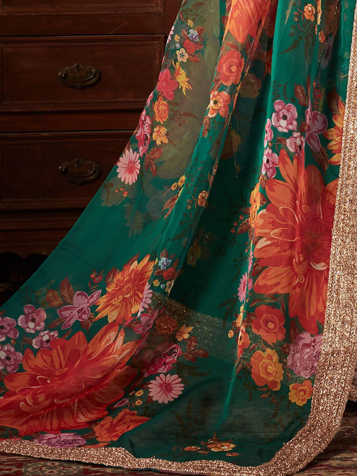 Green Floral Lehenga Choli | Orange Blouse with Lace Border & Embroidery
