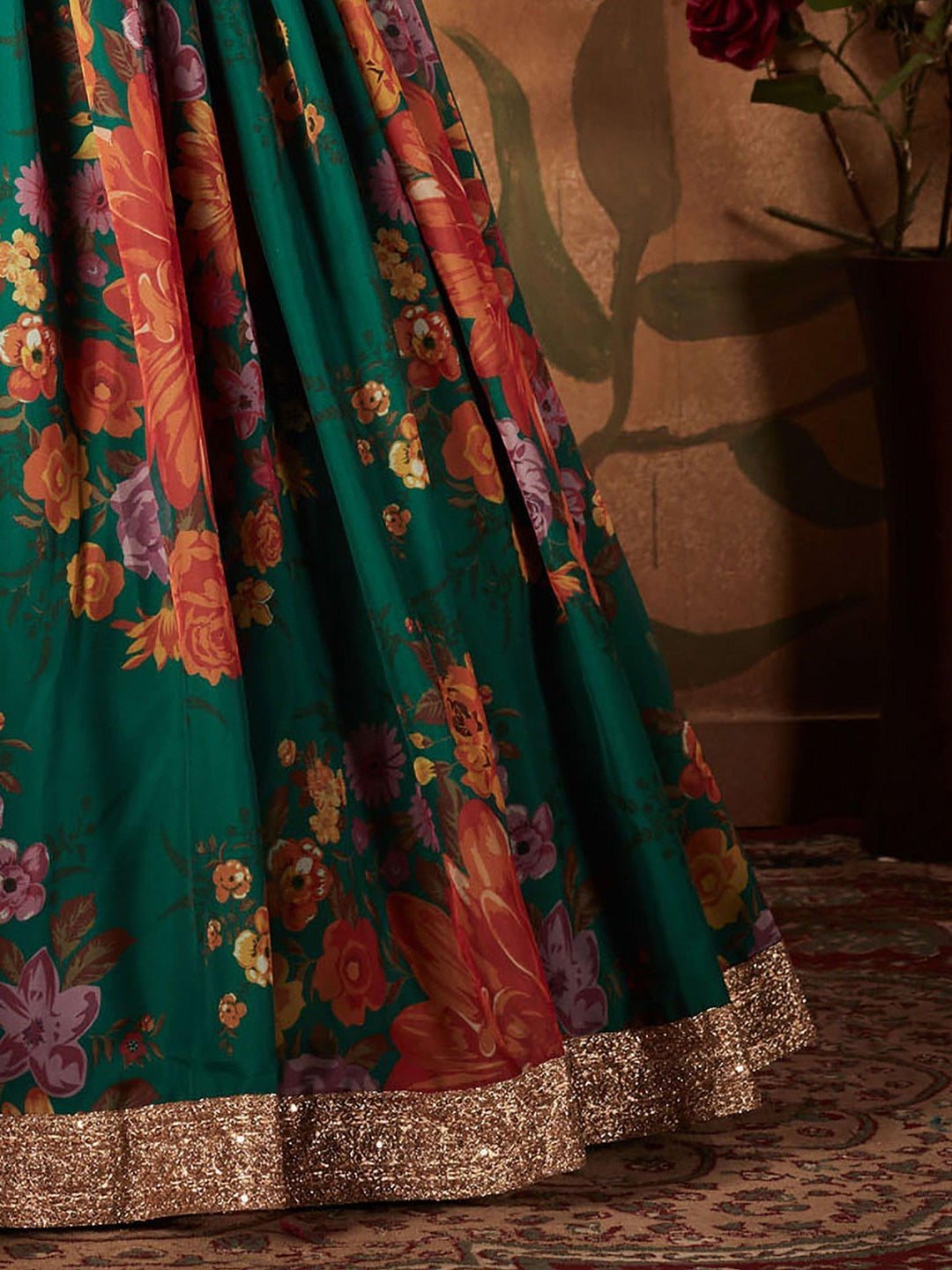 Green Floral Lehenga Choli | Orange Blouse with Lace Border & Embroidery