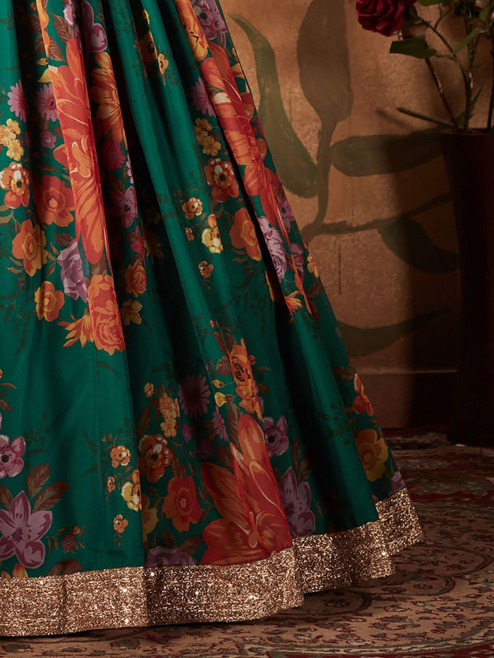 Green Floral Lehenga Choli | Orange Blouse with Lace Border & Embroidery