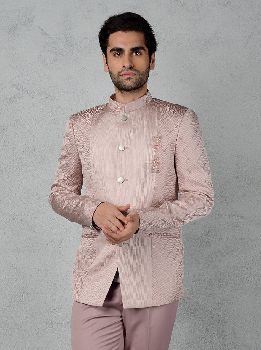 Elegant Onion Pink Jodhpuri Suit for men with jacquard design, perfect for weddings.