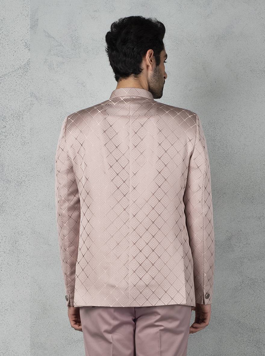 Designer Onion Pink Jodhpuri Suit with grey buttons and slim fit trousers.
