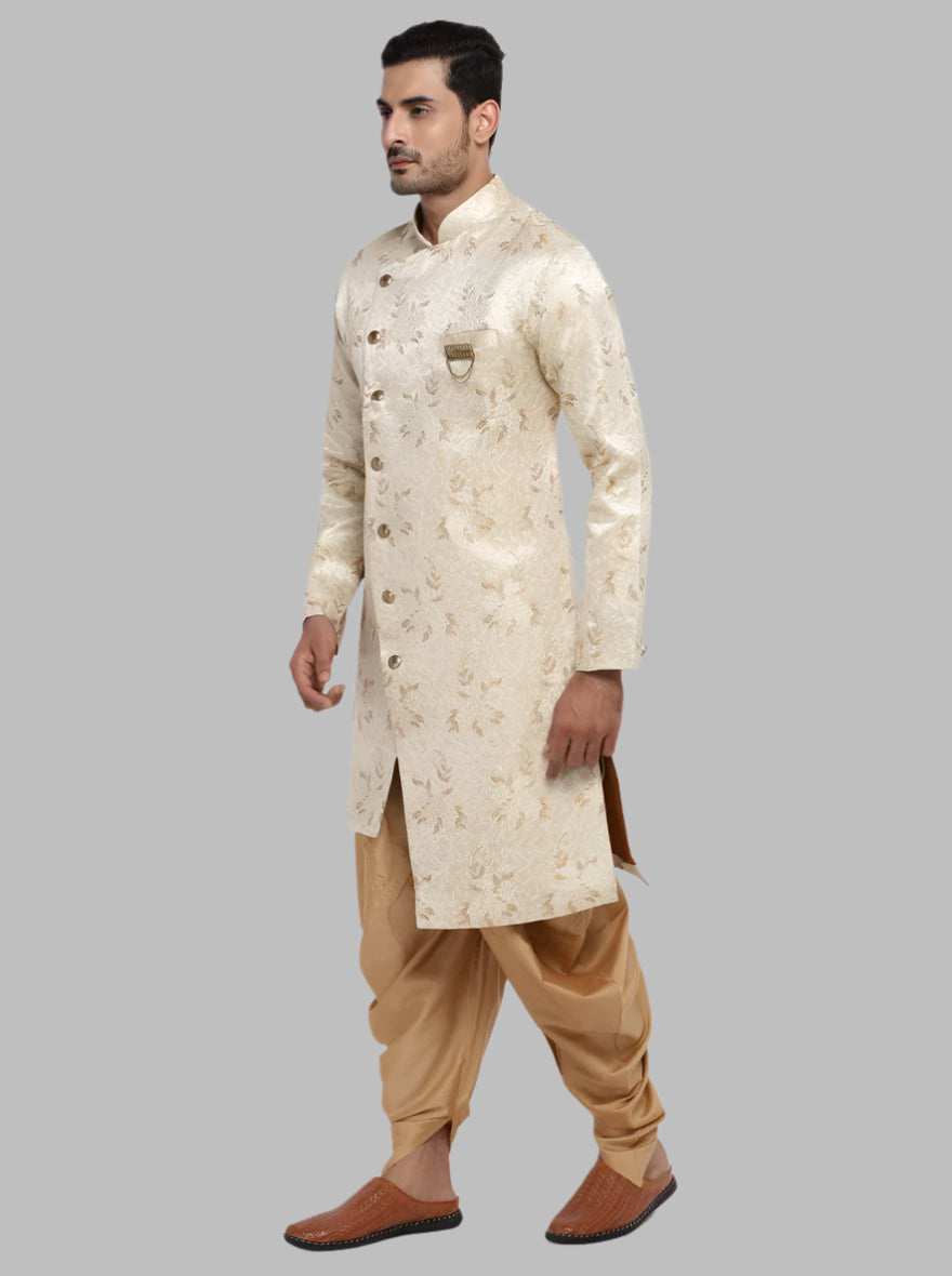 Discover comfort and style in the Printed Cream & Brown Semi Indowestern, ideal for enhancing your men's wear wardrobe in the USA.