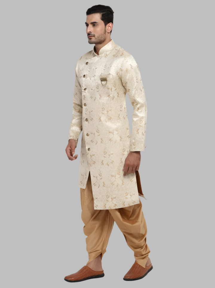 Discover comfort and style in the Printed Cream & Brown Semi Indowestern, ideal for enhancing your men's wear wardrobe in the USA.